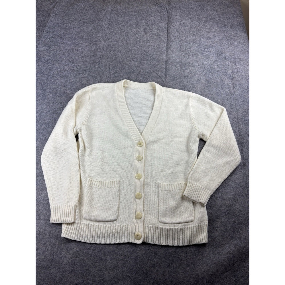 Womens M Long Sleeves Cardigan Sweater Ivory Chunky Fisherman Granola Hand Knit